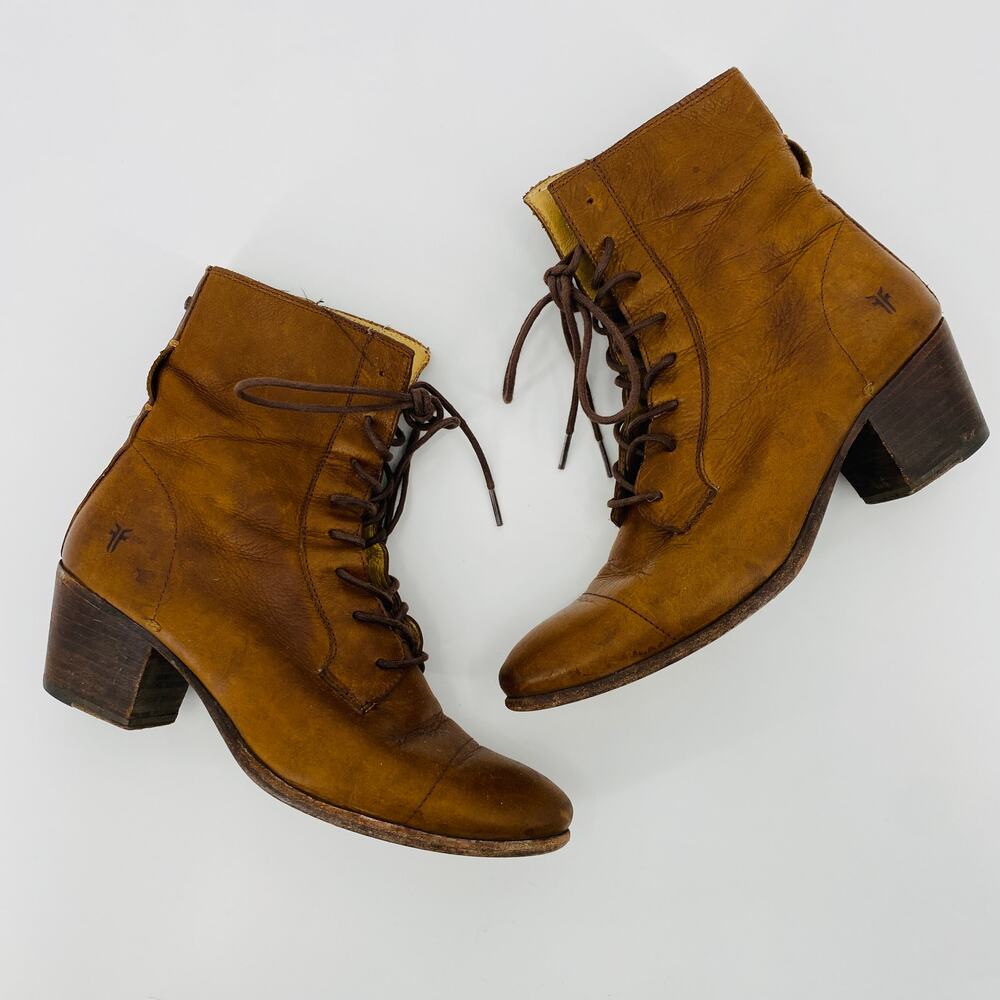 Frye brown lace up block heel booties